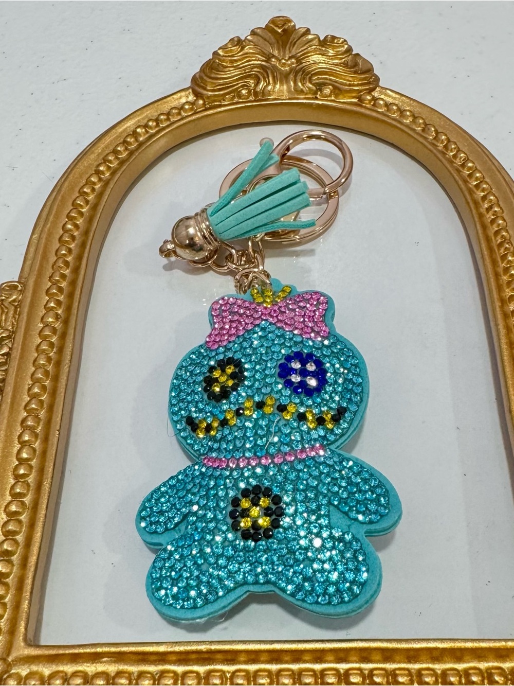 New Turquoise Crystal Girl Teddy Keychain with Pink Bow